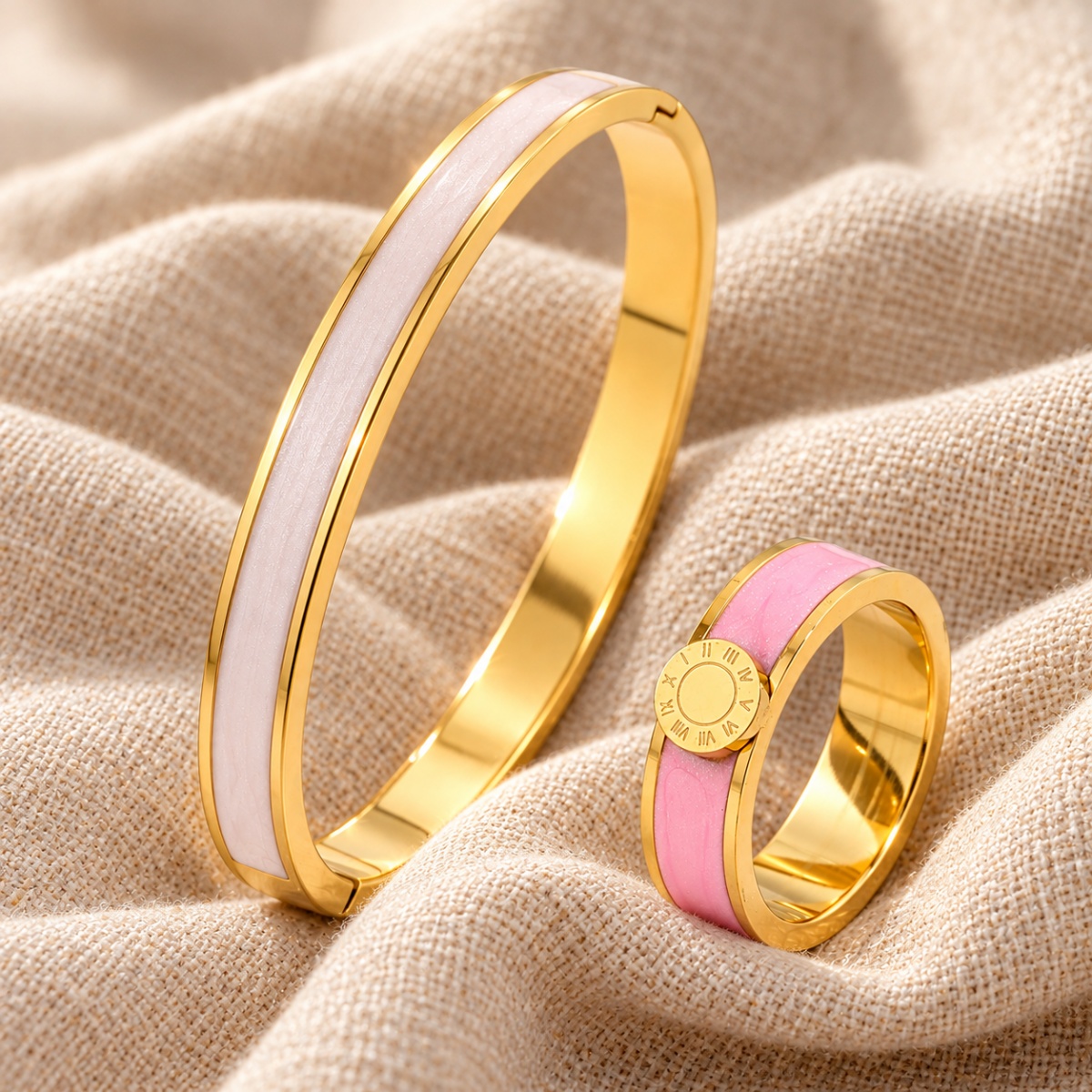 2pc Women's Iridescent Inlay Bangle & Roman Numeral Ring Set